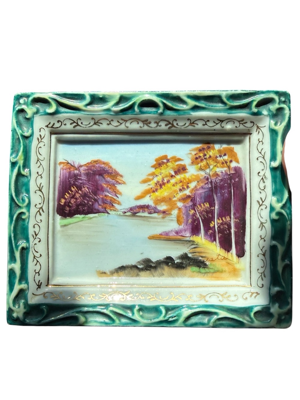 Vintage Japan Hand-Painted Ceramic Landscape Plaque in Teal and Purple